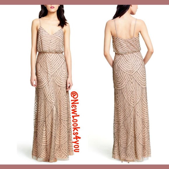 NEW Adrianna Papell‎ Art Deco Beaded Blouson Gown in Taupe Pink [SZ 10 12 14 ] - Picture 3 of 11